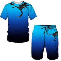 Tracksuits 2023 Summer Extra Large 3D Scorpion Print T-shirt/Shorts/Casual Fitness Sports 2-Piece Men's Athletic Wear P230605