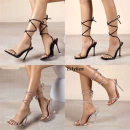 Summer Sandals Designer Transparent Ankle Lace-up Woman Elegant Sexy Open Toe Crystal Clear High Heels Wedding Party Shoes 230511