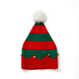 Berets Elf Christmas Beanie Holiday Hat With Pompom Small Bells Knitted Red Green Wavy Stripes Santa Skull Cap For Children