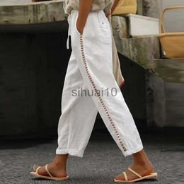 Women's Pants Capris Harajuku Vintage Plain Cotton Linen Pants Women Sexy Side Hollow Lace Design Trousers New Spring Summer Pocket Tie-up Sweatpants J230605