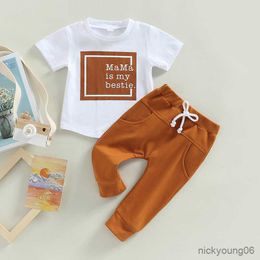 Clothing Sets Fashion Summer Newborn Baby Boys Graphic Letter Print Short Sleeve Cotton T-shirts and Solid Pocket Long Pants Outfits