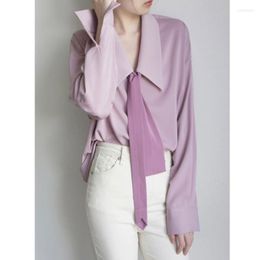 Women's Blouses French Gentle Light Pink Purple Pointed Neck Shirt Women Design Sense Loose Long Sleeve Necktie Spring And Autumn Blouse