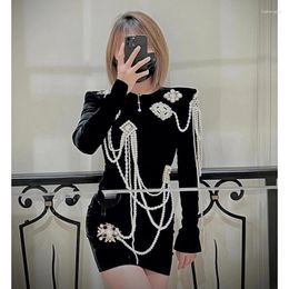 Casual Dresses Classic Black Velvet Pearl Chain Tassel Slim Mini Dress 2XL Ladies Rhinestone Flower Spring Evening Party Designer