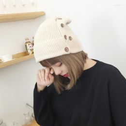 Berets H3585 Women Beanie Hat Female Autumn Winter Korean Casual Button Student Japanese Warm Knitted Cap Girl Male Fashion Simple Hats