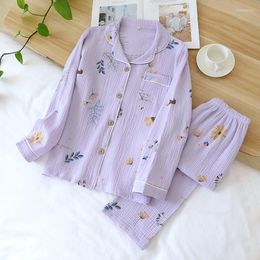 Women's Sleepwear Women's Purple Printed Pajamas Cotton Long-sleeved Spring And Autumn Womens Clothes Elastic Waist Pants Two-piece Set