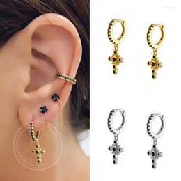 Hoop Earrings 925 Sterling Silver Needle Cross Pendant For Women Black Pave Crystal Huggie Korean Fashion Jewelry