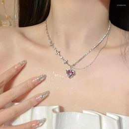 Pendant Necklaces Y2K Purple Crystal Heart Necklace For Women Kpop Asymmetric Classic Stainless Steel Clavicle Chains Jewellery