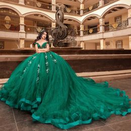 Emerald Green Shiny Ball Gown Quinceanera Dress Birthday Party Gowns Applique 3D Flower Beading Vestido De 15 Anos Robe De
