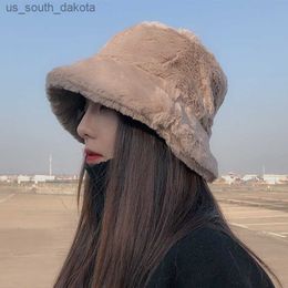 Winter Plush Bucket Hats For Women Outdoor Thick Warm Panama Cap Solid Leopard Soft Faux Fur Lady Girls Fisherman Sun Hats L230523