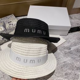 Miu Simple and Fashionable Flat Top White Hemp Woven Beach Sunscreen Straw Hat for Women in Summer Breathable Sunshade Hat