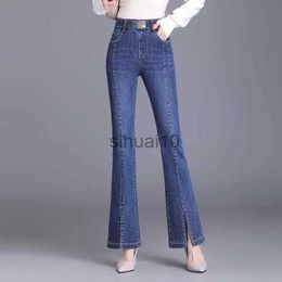 Women's Jeans Streetwear Fashion Women Flare Split Jeans High Waist Elastic Band Denim Spring Summer Full Pants Thin Casual Straight Trousers J230605