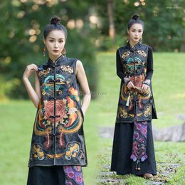 Ethnic Clothing 2023 Chinese Style Flower Embroidery Vest Women Vintage Traditional Cheongsam Button Mid-length Waistcoat Tang Suit