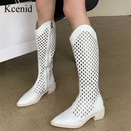Boots Kcenid Women's Hollow Out Summer Knee High Boots 2022 Sexy Pointed Toe PU Leather Square Heel Woman Back Zipper Booties Shoes Z0605