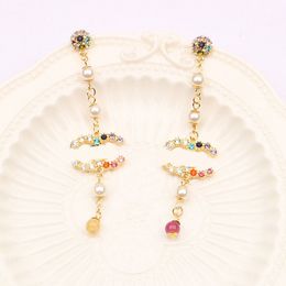 18K Gold Plated Designer Brand Pendant Earring Double Letter Colourful Rhinestone Pendant Stud Earrings for Women Wedding Party High Quality Jewerlry Accessories