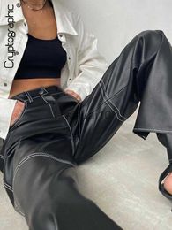 Women's Pants Capris Cryptographic Fashion Gothic Black PU Leather Wide Leg Pants Women Trousers Streetwear Bottom Casual Punk Pants Outfits J230605