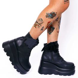 Boots Goth Bat Platform Wedges heeled ankle boots women black winter Punk Motorcycle Boots Casual Cosplay Ladies Shoes Woman Z0605