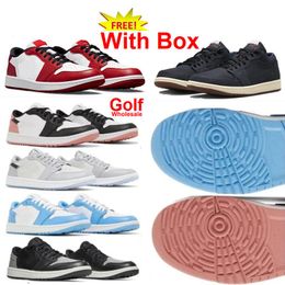 Scarpa da golf Chicago UNC Low 1s Running Shoes Applica Volt Accents Green Metallic Inchattere Backboard Eastside Golf Royal Toe Men Women With Box Midnight Navy Bred