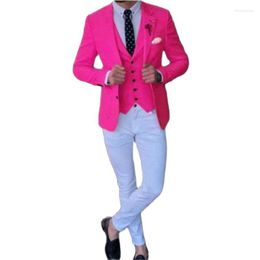 Men's Suits Costume Homme Fashion Rose Red Jacket Vest White Pant Slim Fit Men Tuxedos Groom Wedding Ensembles For Blazer Sets