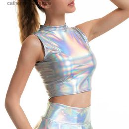 Women's Tanks Camis Shiny Silver Holographic Multi Designs Tank Tops Fashion Strapless Tube Top Turtleneck Crop Top New Strap Camis Sleeveless Vest T230605