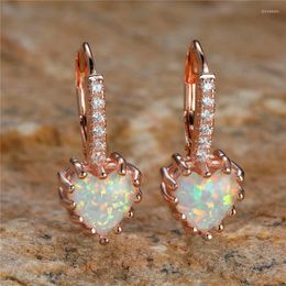 Hoop Earrings Boho Female Small Heart Rose Gold Colour Wedding Jewellery White Blue Fire Opal Stone For Women