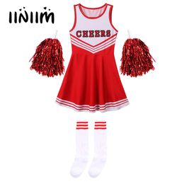 Cheerleading Girls Cheerleading Uniform Sleeveless Dance Costume Kids Cheerleader Outfit Round Neckline Letter Print Dress Flower and Socks 230603