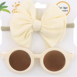 Cute Children Sunglasses With Cotton Elastic Headband 2Pcs Set Beach Sunshade Baby Sun Glasses Kids Puff Bow Headwear