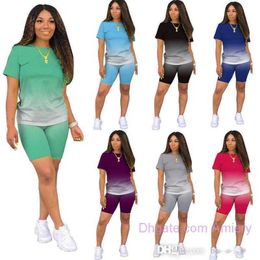 Gradient Womens Tracksuits Plus Size 3XL 4XL Designer Clothing 2 Piece Shorts Set Casual Sports Short Sleeve T Shirt Biker Suits Ladies Clothes Jogging