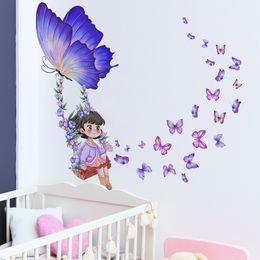 Swinging Little Girl Butterfly Wall Stickers Self-adhesive Removable Vinyl Home Decor Children's Room Creative Decoration