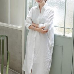 Casual Dresses Spring Summer Cotton Linen Shirt Dress Midi One Piece Long Sleeve Minimalist Robe Vestido