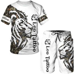 Men's Tracksuits Summer men's animal tattoo white short sleeved lion 3D printed O-neck T-shirt casual sportswear P230605
