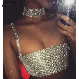 Women's Tanks Camis Silver Shiny Diamante Tank Top Women Low Neckline Backless Bling Rhinestone Patchwork Crop Top Night Club Chic Lady Tank Tops T230605