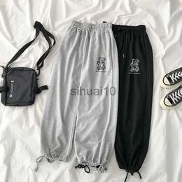 Women's Pants Capris HOUZHOU Harajuku Bear Print Grey Joggers Sports Pants Women Oversize Black Jogging Sweatpants Korean Fashion Wide Leg Trousers J230605