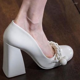 Dress Shoes Elegant Women Chunky High Heels Pumps Black White Chain Ladies Wedges Mary Jane Patent Leather Wedding