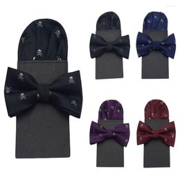 Bow Ties Men Stylish Skull Print Bowtie Pocket Square Set Tie Pre-folded Party Hanky BWTQN0311