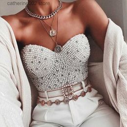 Women's Tanks Camis Women Corset with Rhinestones Pearl Bustier Crop Top Bra Club Party Glitter Cropped Top Female Clothing T230605