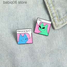 Pins Brooches Creative and personalized English dialogue box Geometric design brooch Stupid and cute kitten oil drop accessory brooch badge T230605