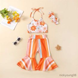 Clothing Sets Lovely Summer Children Girls 1-5Years Floral Print Halter Crop Tops and Striped Flare Long Pants and Headwear Outfits