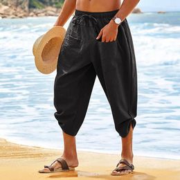 Men's Pants Cotton And Linen Holiday Beach Loose Legged Straight Cropped Men's Summer Elastic Waist Simple Bloomers Clothing
