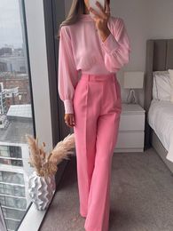 Suits Women Pink Shirts And Trousers Suits 2022 Chiffon Adjustable Waist Batwing Sleeve Blouses And Chic Wide Leg Pant Two Piece Set