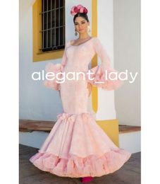 Pink Long Sleeve Mermaid Prom Fresses Lace Tuffles Clound Train vestido de flamenca Spanish Evening Occasio Gown