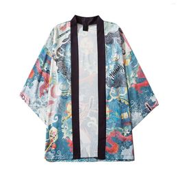 Men's Casual Shirts Japanese Loose Print Open 3/4 Cover Front Sleeve Style Cardigan Men's Up Men Black Top