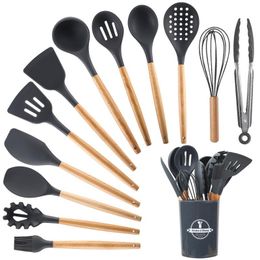 Utensils Kitchen Utensils Set Silicone Cookware Ecofriendly Wood Handle Kitchen Cooking Tool Grey Spatula Turner Ladle Kitchenware