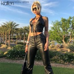 Women's Tanks Camis KLALIEN fashion punk black leather hollwo crop tops womens camisole 2020 summer fashion stretch tees Slim Soft leather tank tops T230605