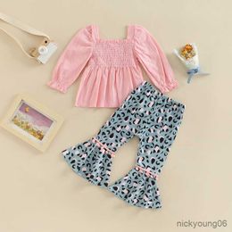 Clothing Sets Children Girl Fall Winter 2022 Pant 2Pcs Outfits Long Sleeve Smocked T-Shirt Leopard Flare Pants Set