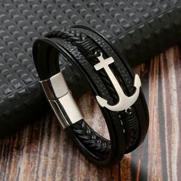 Cool Stainless Steel Anchor Charm Bracelet Multi Layered Leather Bracelet Handmade Bracelets Jewellery for Gift