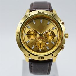 On 40mm quartz leather gold case round fashion mens watches day date analog men dress designer watch whole men's gif221o
