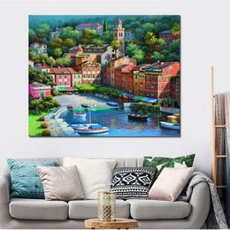 Handmade Canvas Art Puzzle Italian Village Harbour Sung Kim Painting Dining Area with Impressionistic Landscape Decor