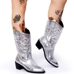 Boots Women Cowboy Boots Silver Slip On Mid Calf Boots Metallic Brand Design Emboidery Casual Cowgirls Autumn Winter Shoes Z0605