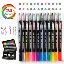 Markers Outline Metallic Markers Double Line Magic Shimmer Paint Pens Set of 12 For Kids Adults DRAWING Art Signature Colouring Journal 230605