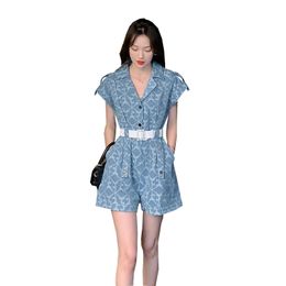 Women's blazer collar loose denim jeans print sashes shorts jumpsuit rompers SMLXLXXL